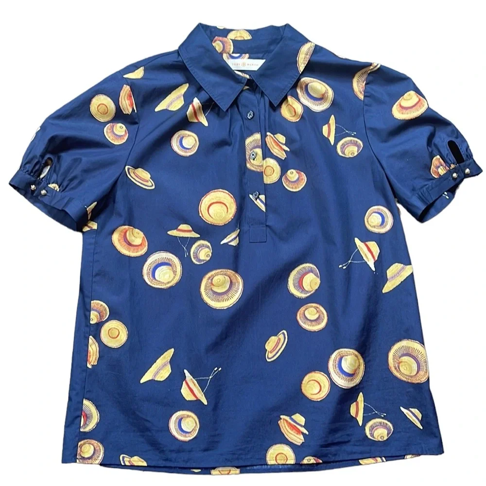 Tory Burch Brigitte Hats Navy Short Sleeve Shirt